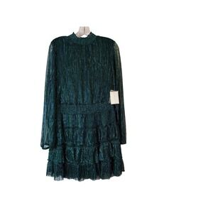 1.STATE NWT Emerald Green Metallic Ruched Tiered Long Sleeve‎ Mock Neck Dress XL